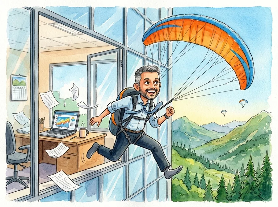 Ride Up's maker leaping out of an office window under a paraglider