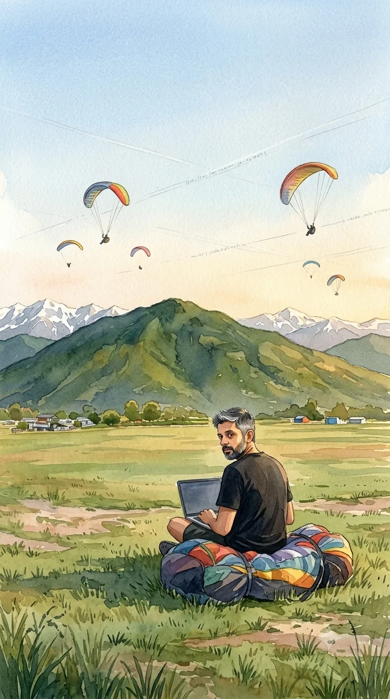 Ride Up's maker on the Bir landing ground with a laptop on his wing bag, paragliders over the Billing ridge